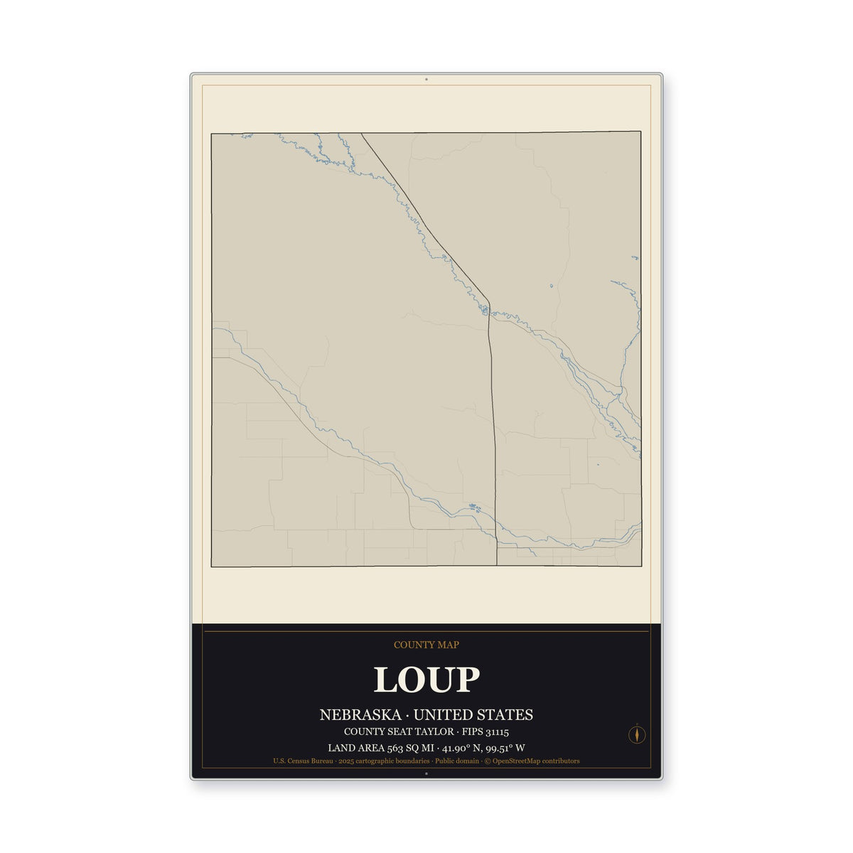 Loup County, Nebraska Map Aluminum Sign in Museum Plaque style