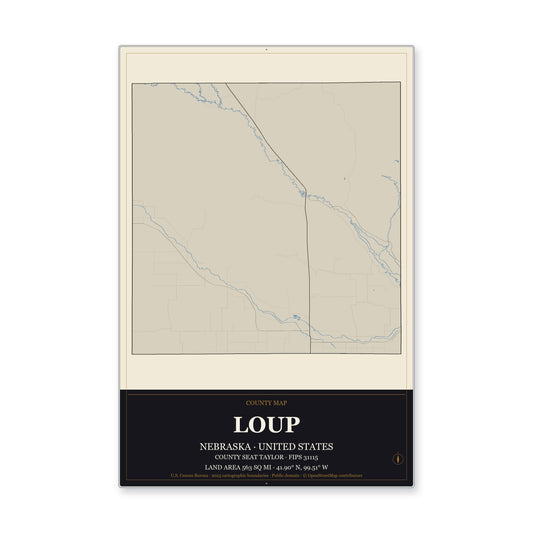 Loup County, Nebraska Map Aluminum Sign in Museum Plaque style