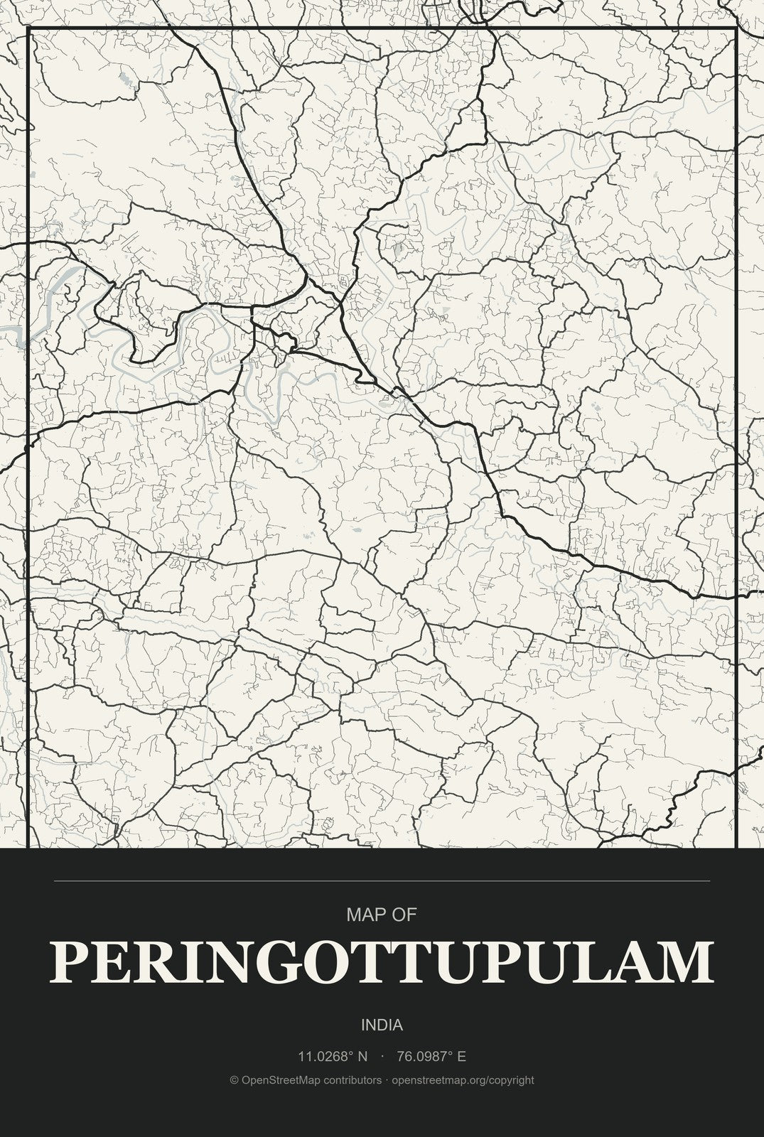 Peringottupulam, India City Map Aluminum Sign in Museum Plaque style