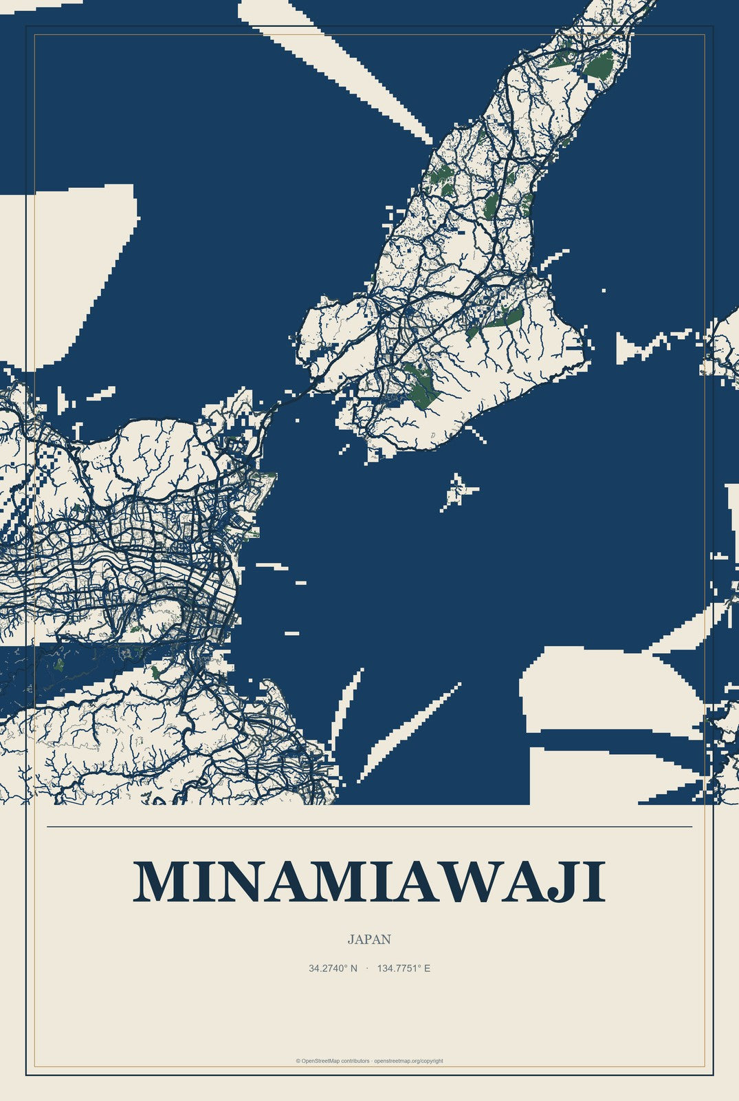 Minamiawaji, Japan City Map Aluminum Sign in Coastal Cutout style