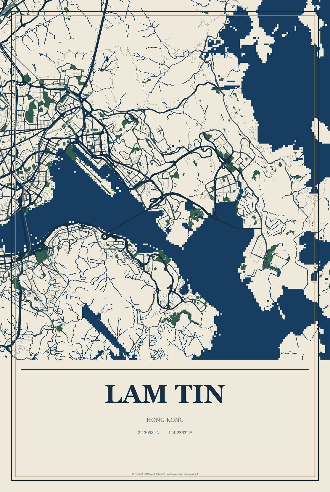 Lam Tin, Hong Kong City Map Aluminum Sign in Coastal Cutout style