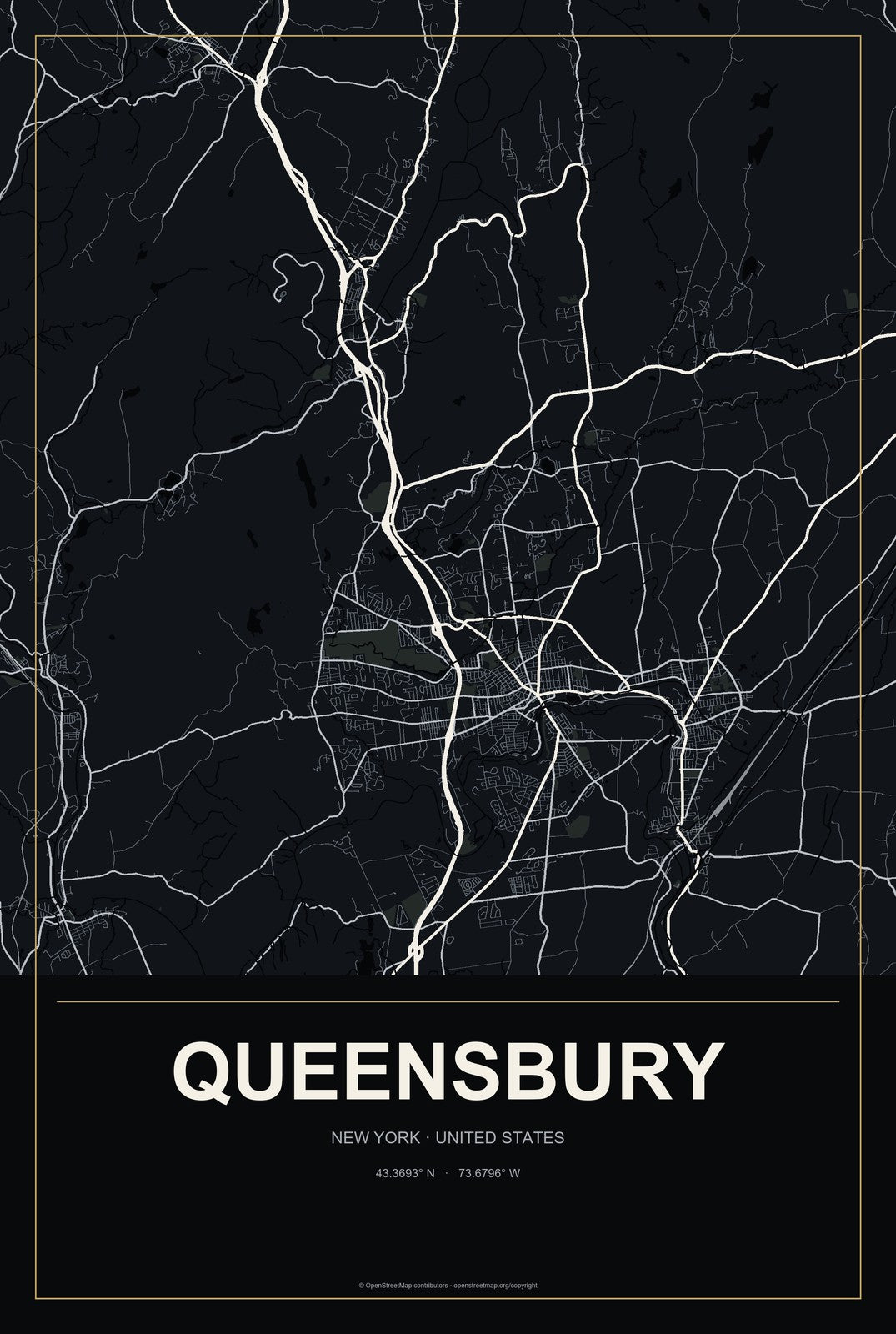 Queensbury, New York City Map Aluminum Sign in Metropolitan Noir style