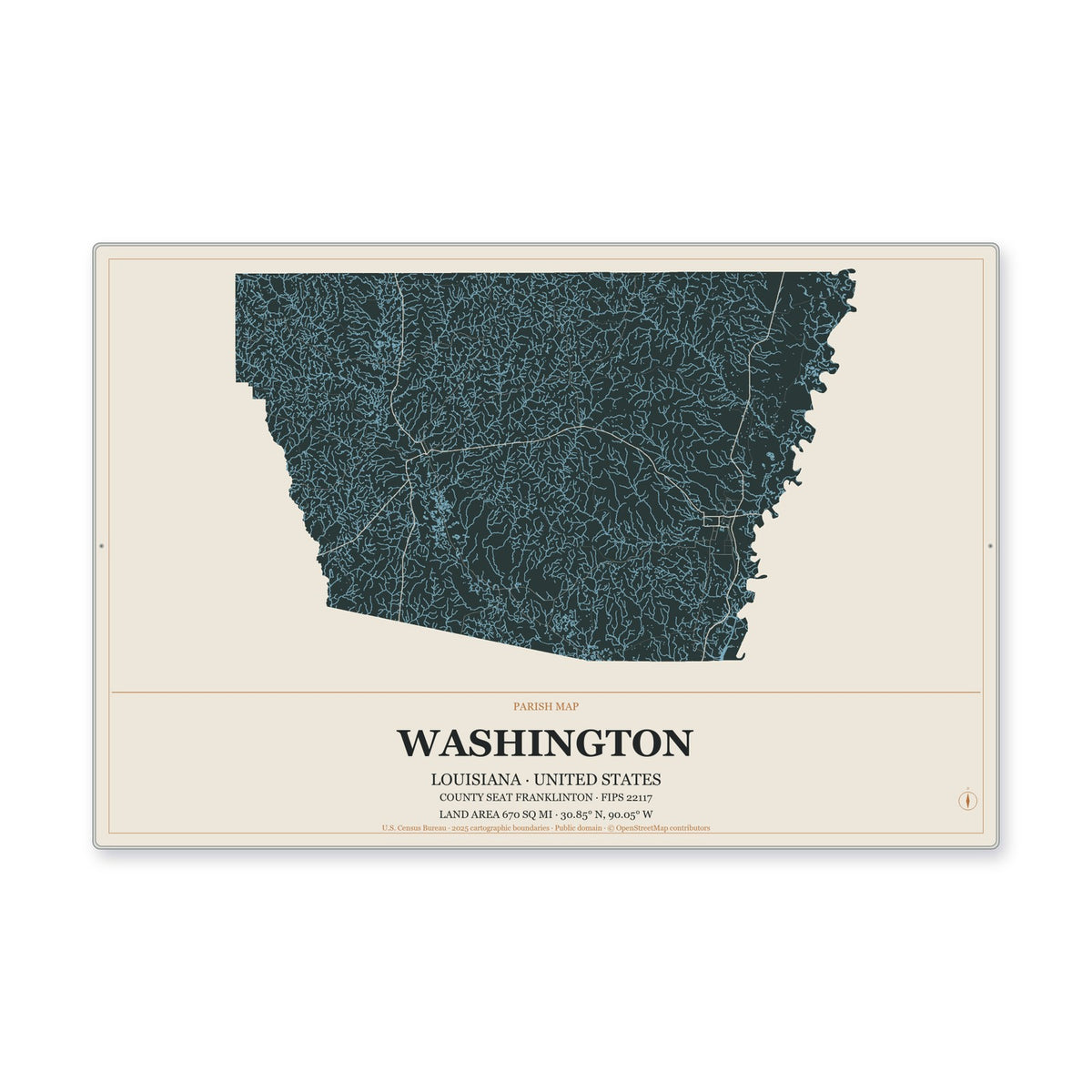 Washington Parish, Louisiana Map Aluminum Sign in Headline Atlas style