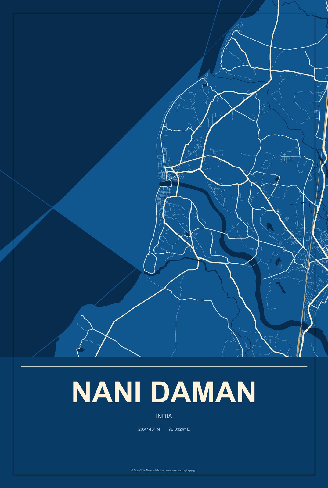 Nani Daman, India City Map Aluminum Sign in Harbor Cobalt style
