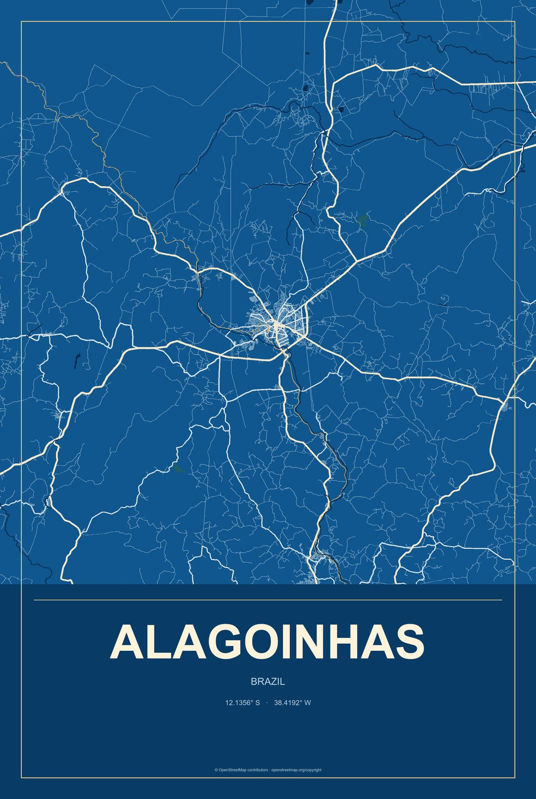 Alagoinhas, Brazil City Map Aluminum Sign in Harbor Cobalt style