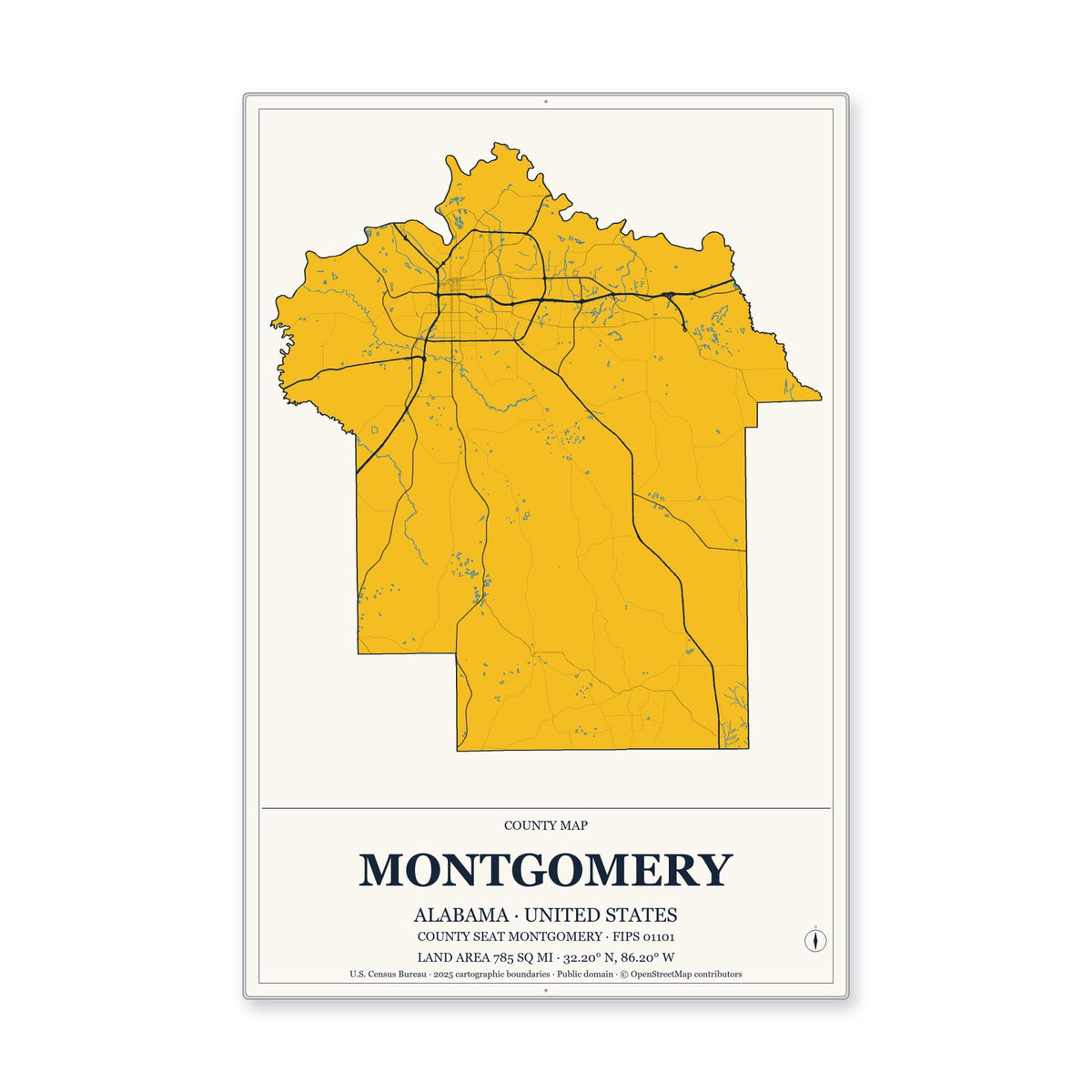 Montgomery County, Alabama Map Aluminum Sign in Citrine Modern style