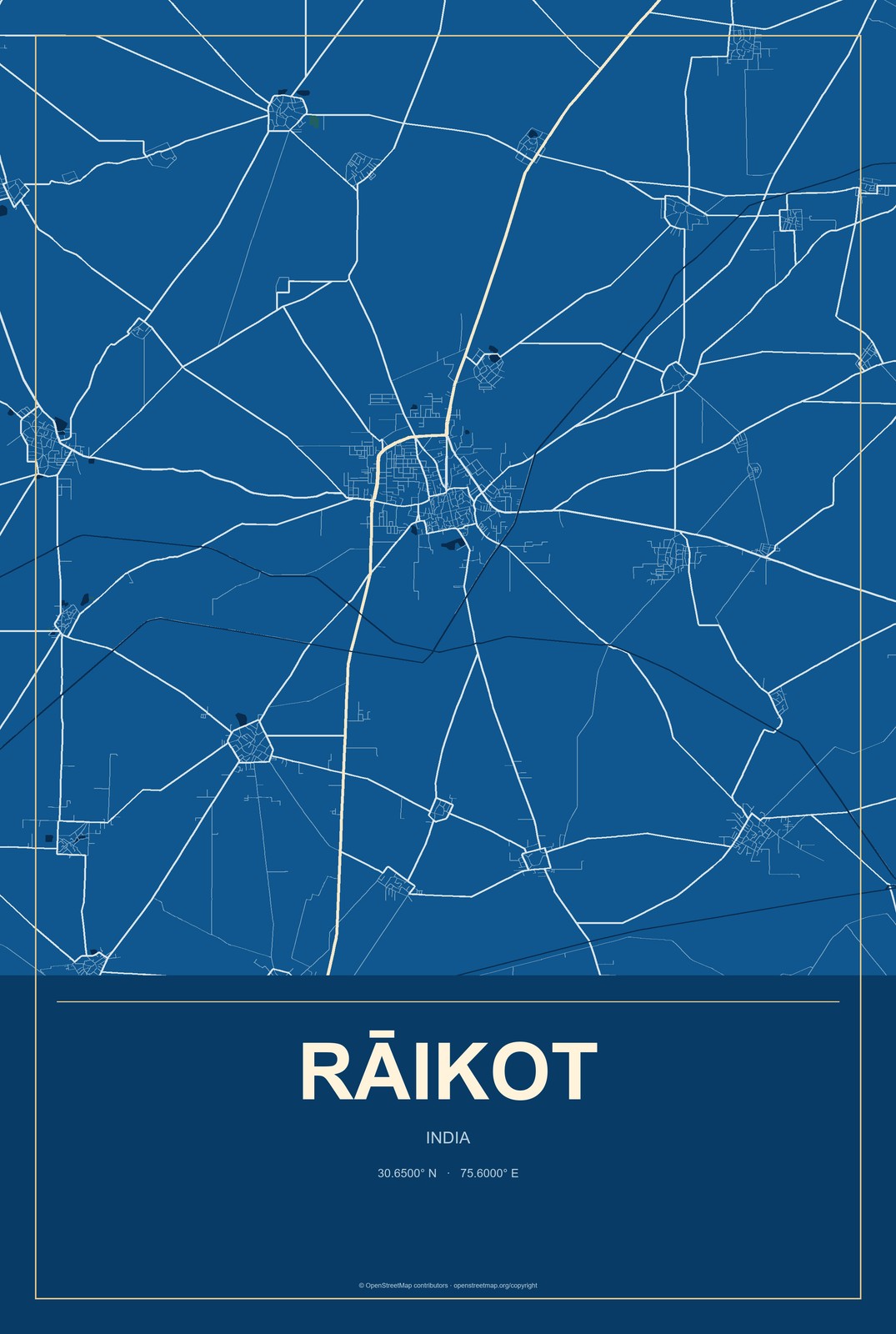 Rāikot, India City Map Aluminum Sign in Harbor Cobalt style