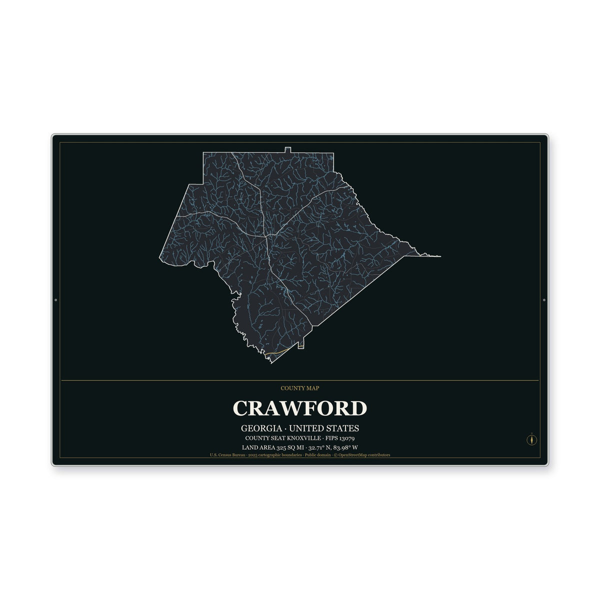 Crawford County, Georgia Map Aluminum Sign in Metropolitan Noir style