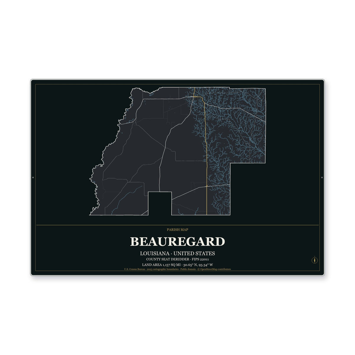 Beauregard Parish, Louisiana Map Aluminum Sign in Metropolitan Noir style