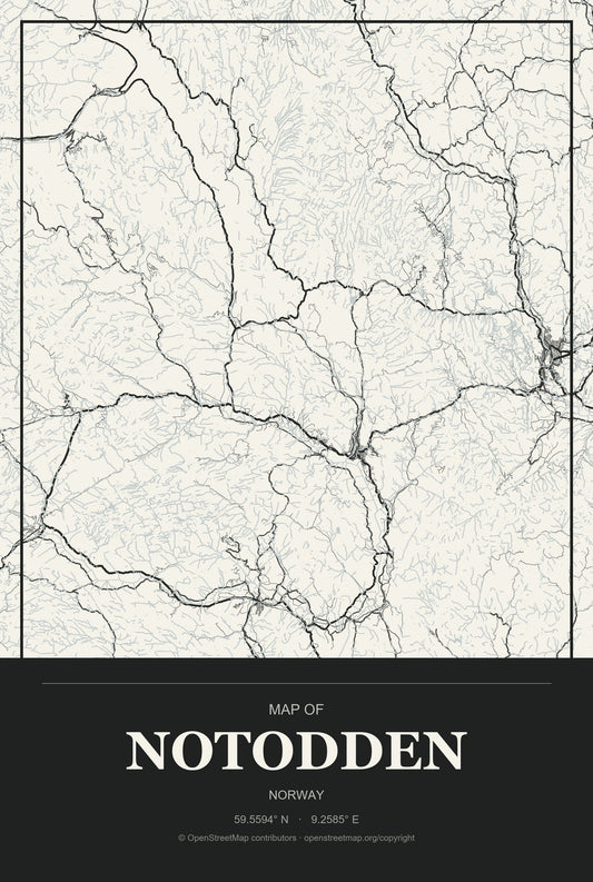 Notodden, Norway City Map Aluminum Sign in Museum Plaque style
