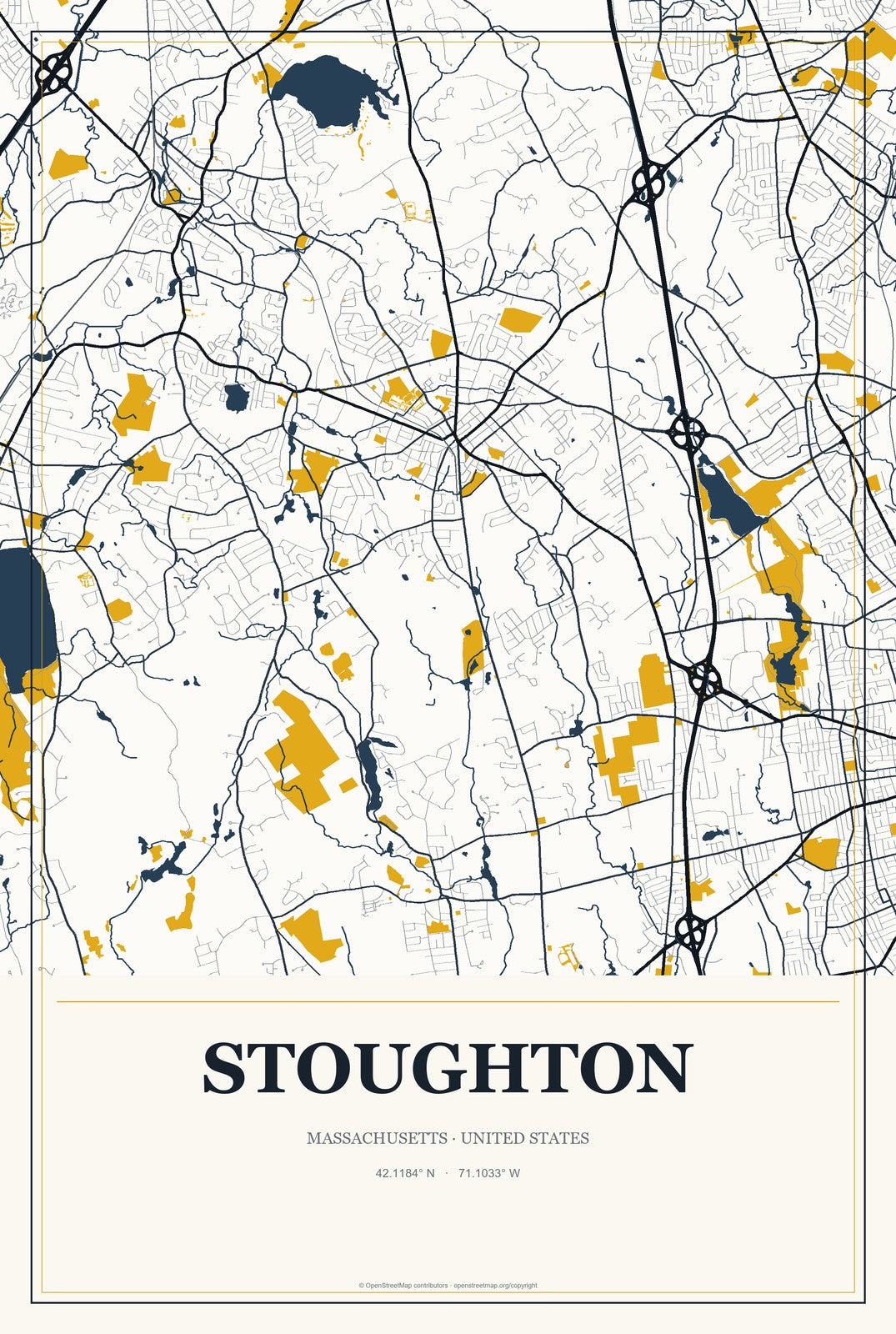 Stoughton, Massachusetts City Map Aluminum Sign in Citrine Modern style