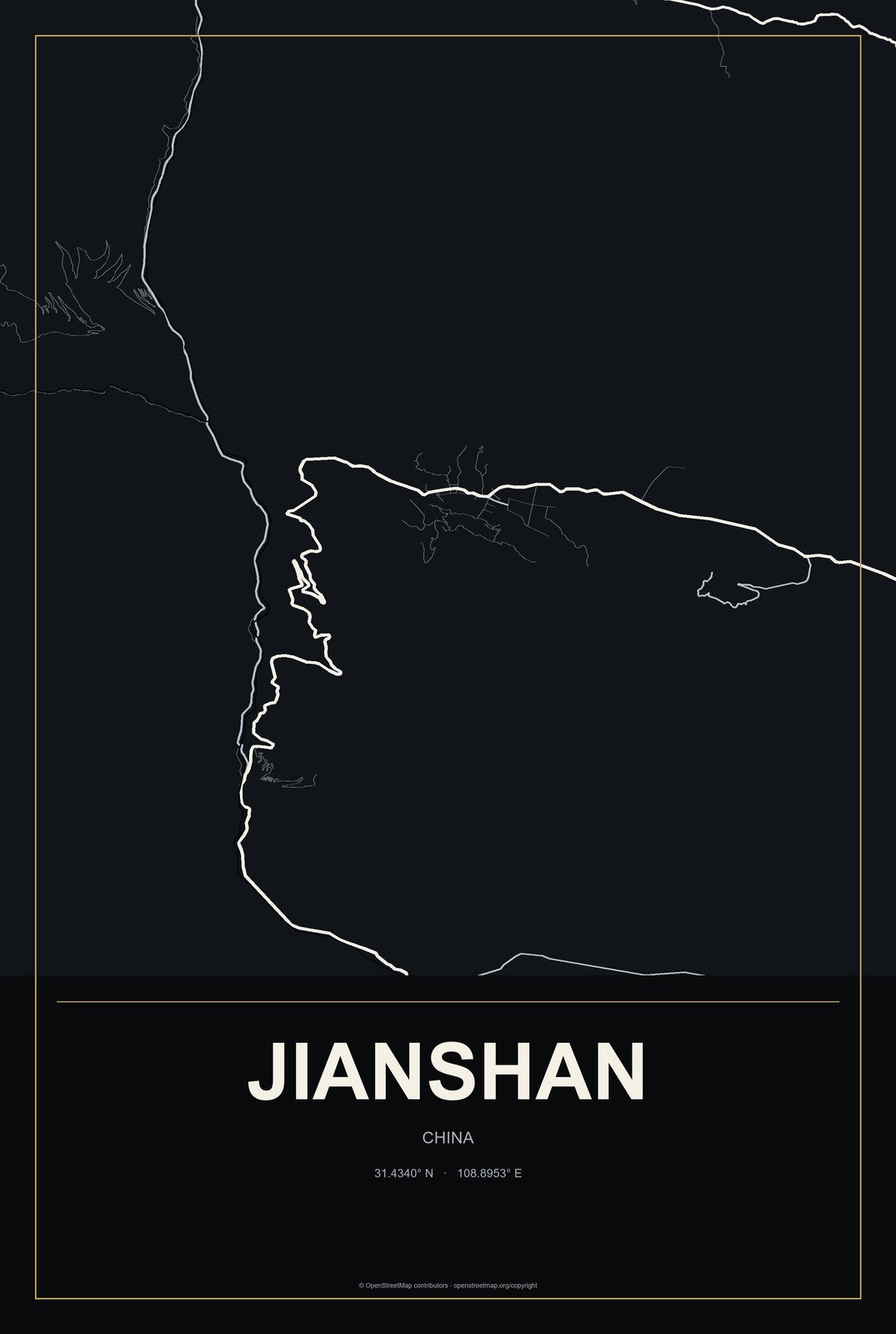Jianshan, China City Map Aluminum Sign in Metropolitan Noir style