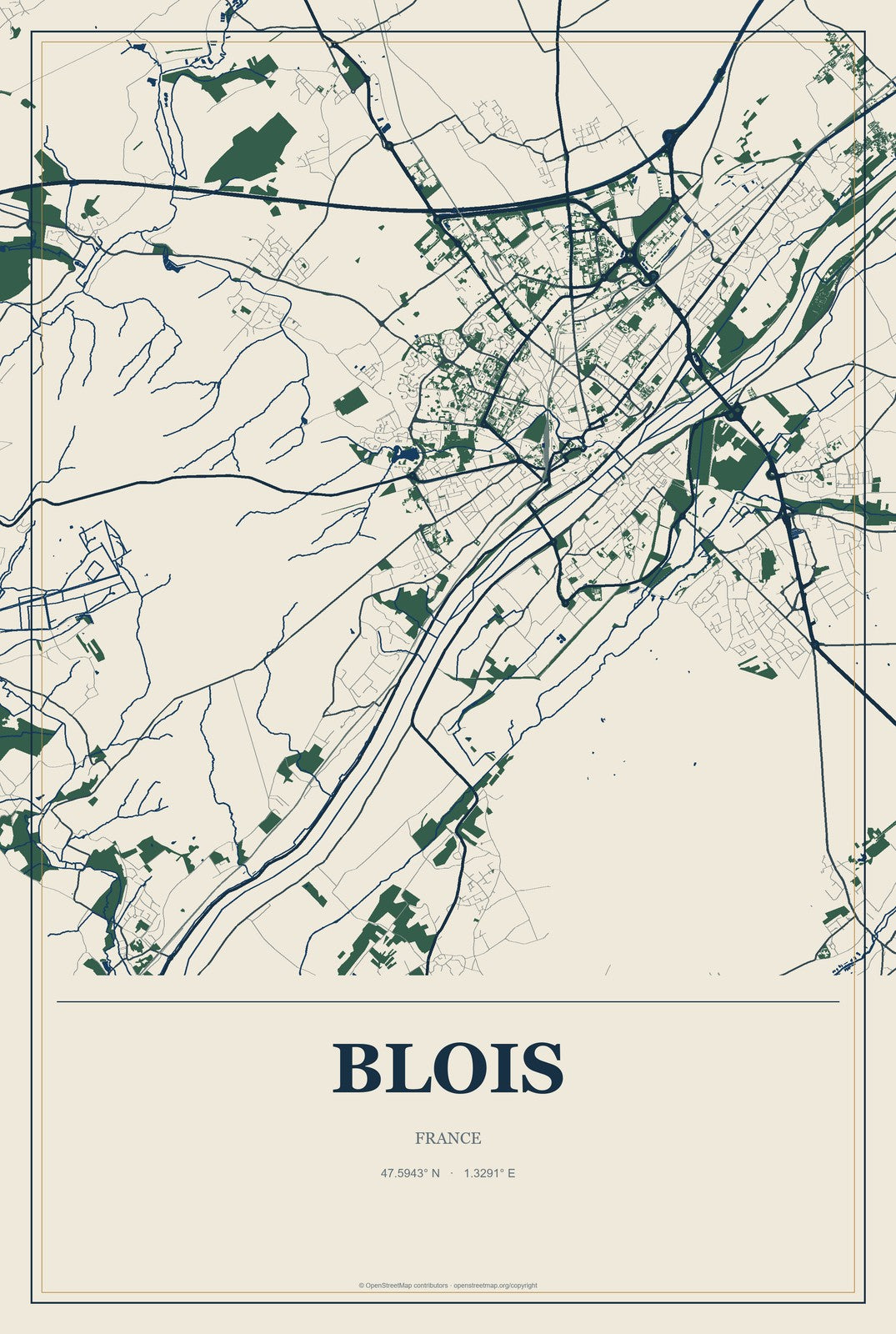 Blois, France City Map Aluminum Sign in Coastal Cutout style