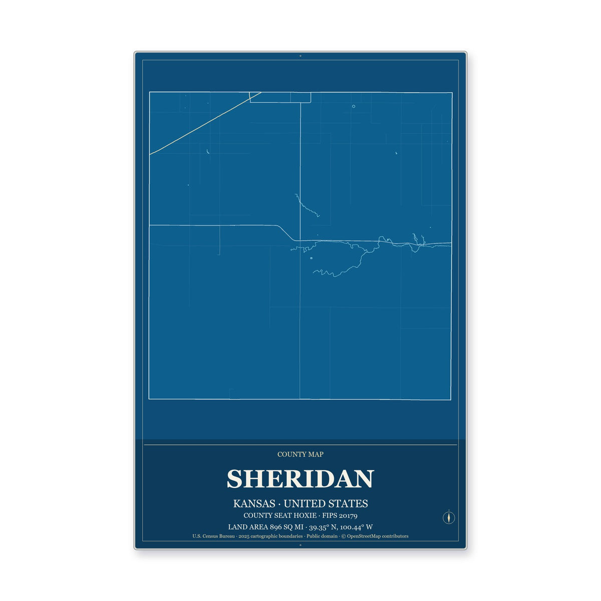 Sheridan County, Kansas Map Aluminum Sign in Harbor Cobalt style
