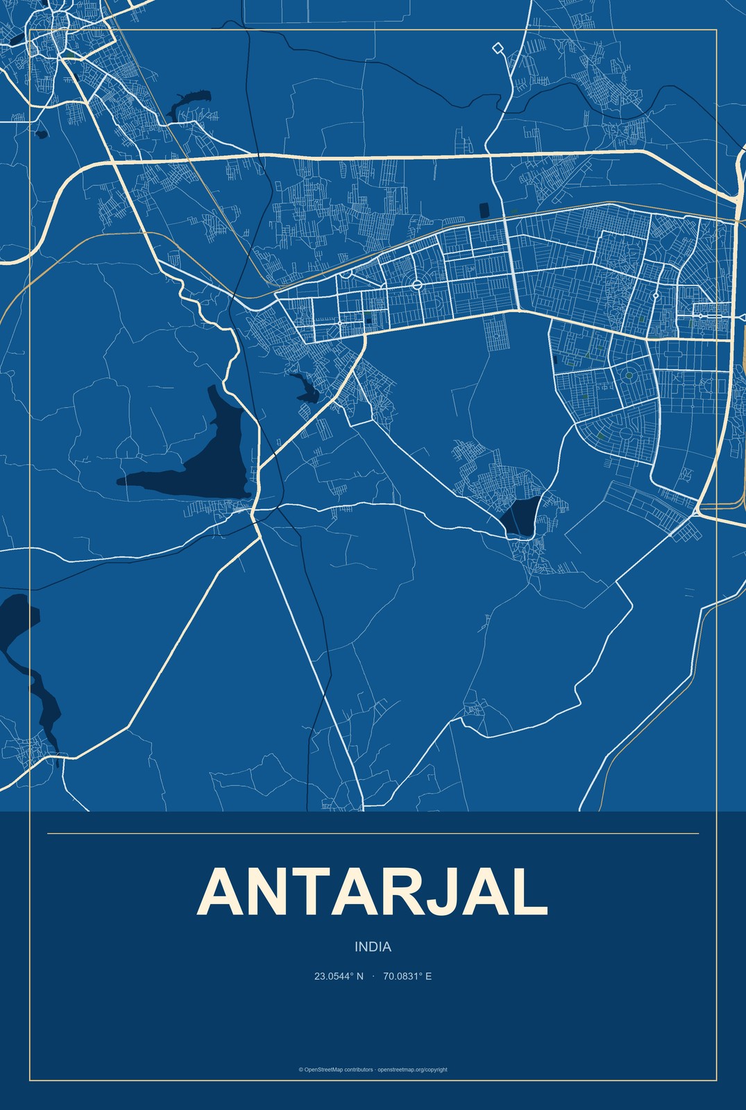 Antarjal, India City Map Aluminum Sign in Harbor Cobalt style
