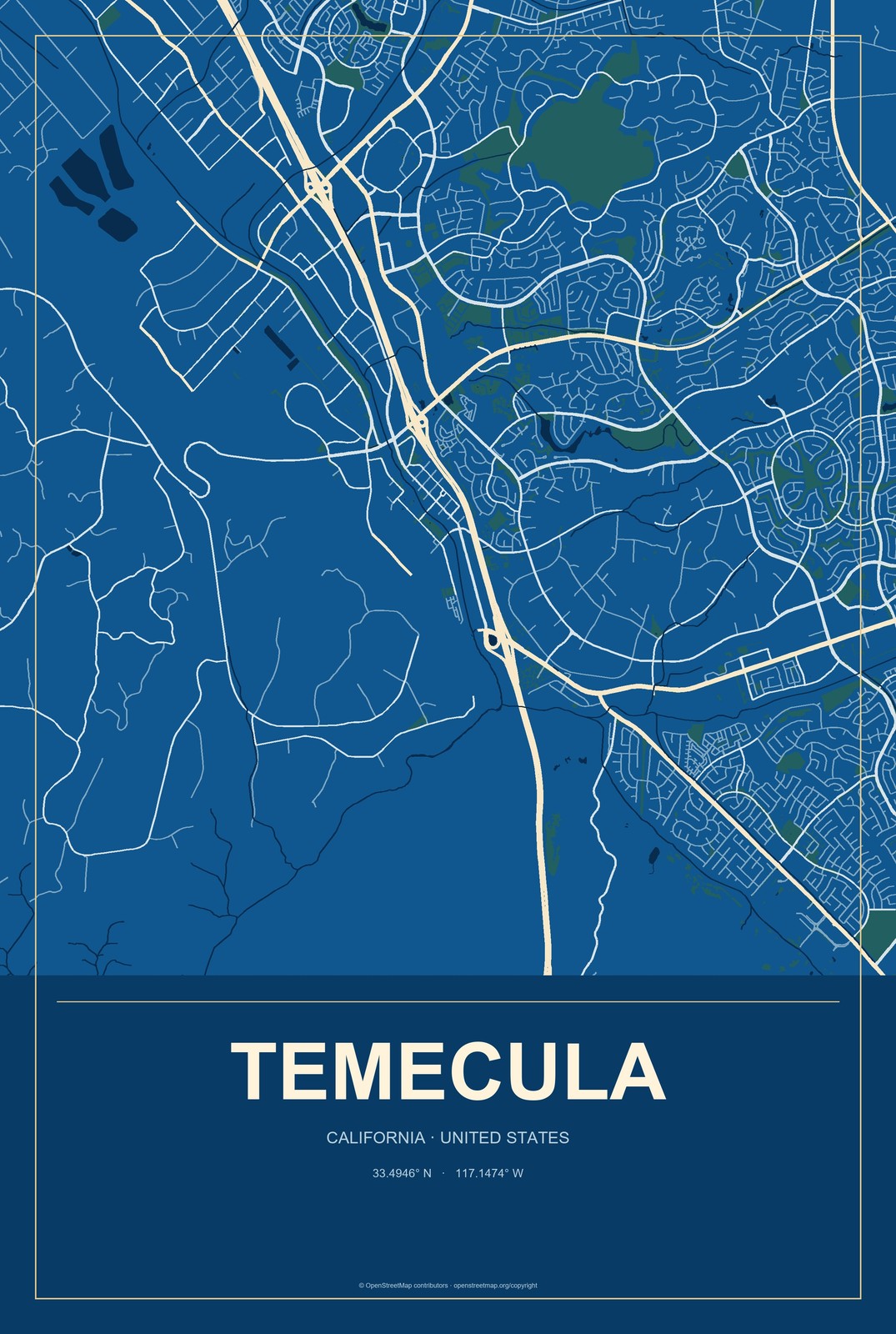 Temecula, California City Map Aluminum Sign in Harbor Cobalt style