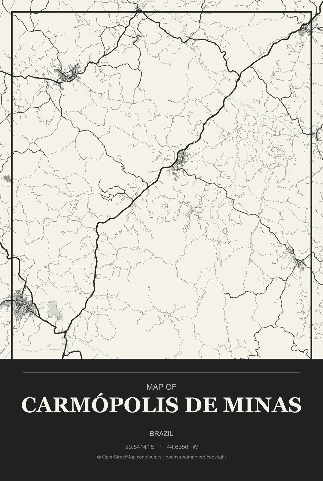 Carmópolis de Minas, Brazil City Map Aluminum Sign in Museum Plaque style