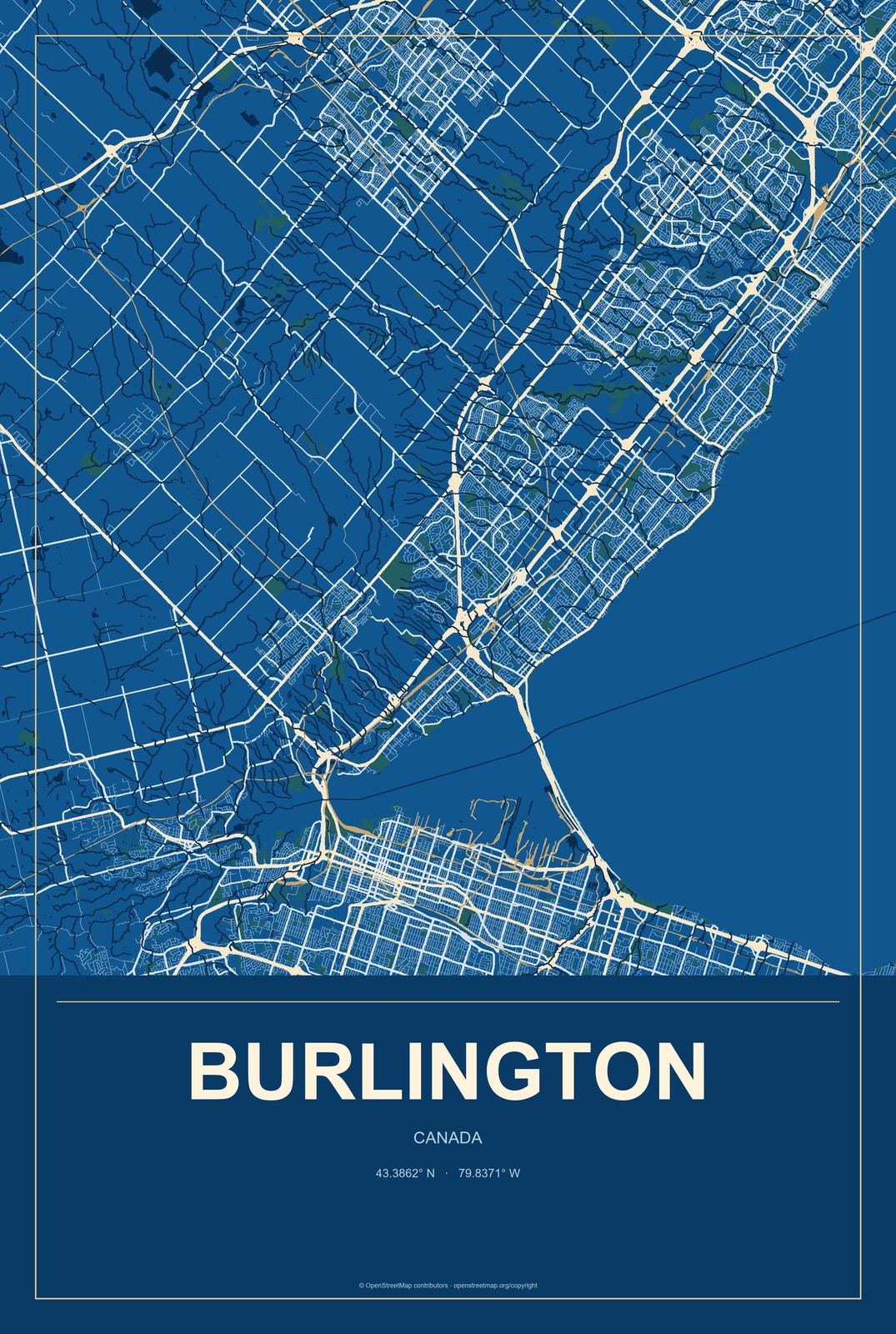 Burlington, Canada City Map Aluminum Sign in Harbor Cobalt style