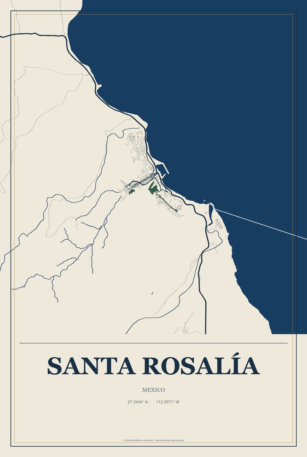 Santa Rosalía, Mexico City Map Aluminum Sign in Coastal Cutout style