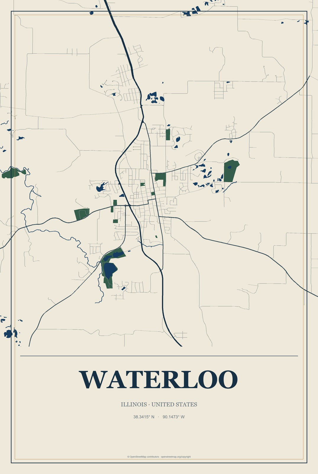 Waterloo, Illinois City Map Aluminum Sign in Coastal Cutout style