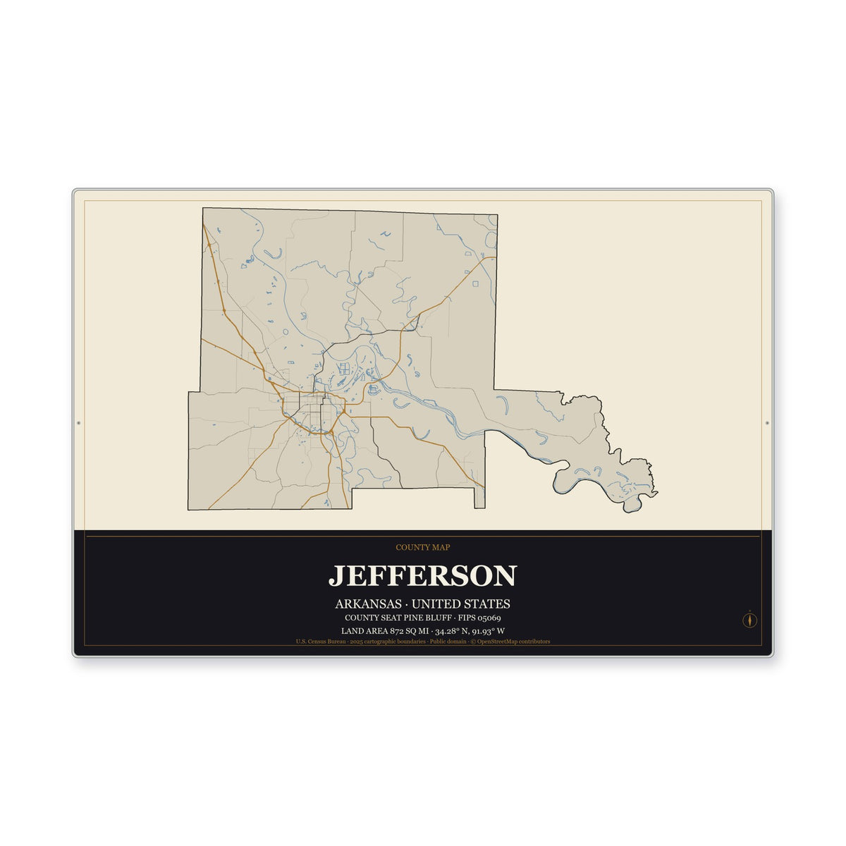 Jefferson County, Arkansas Map Aluminum Sign in Museum Plaque style