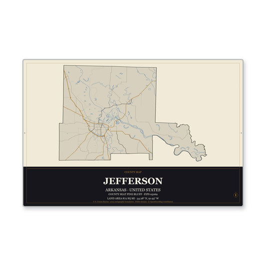 Jefferson County, Arkansas Map Aluminum Sign in Museum Plaque style