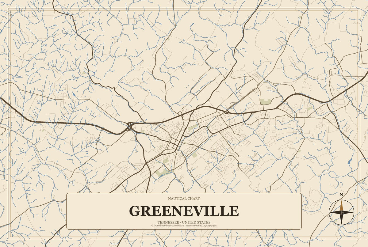 Greeneville, Tennessee City Map Aluminum Sign in Heritage Nautical style