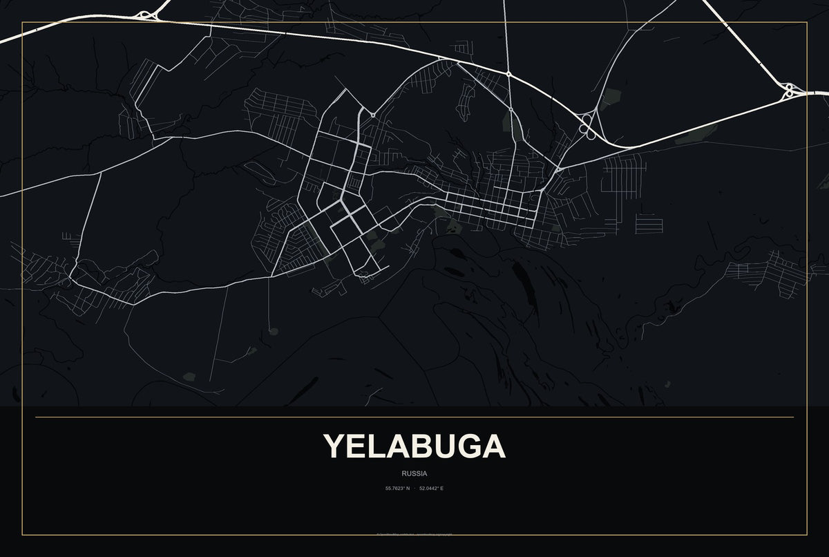 Yelabuga, Russia City Map Aluminum Sign in Metropolitan Noir style