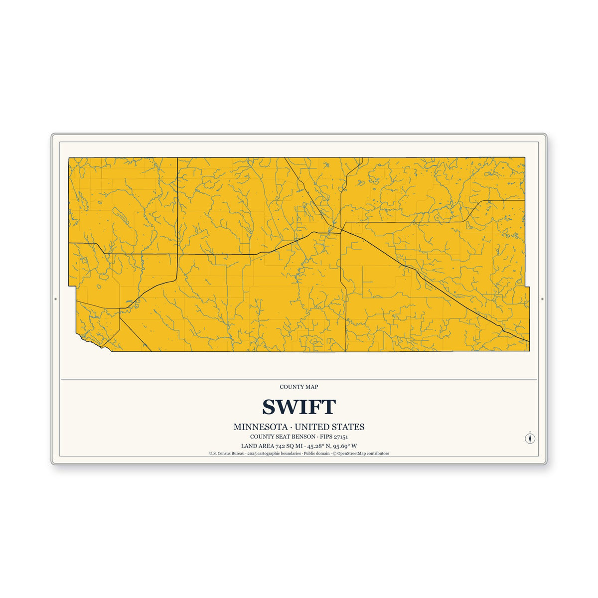 Swift County, Minnesota Map Aluminum Sign in Citrine Modern style