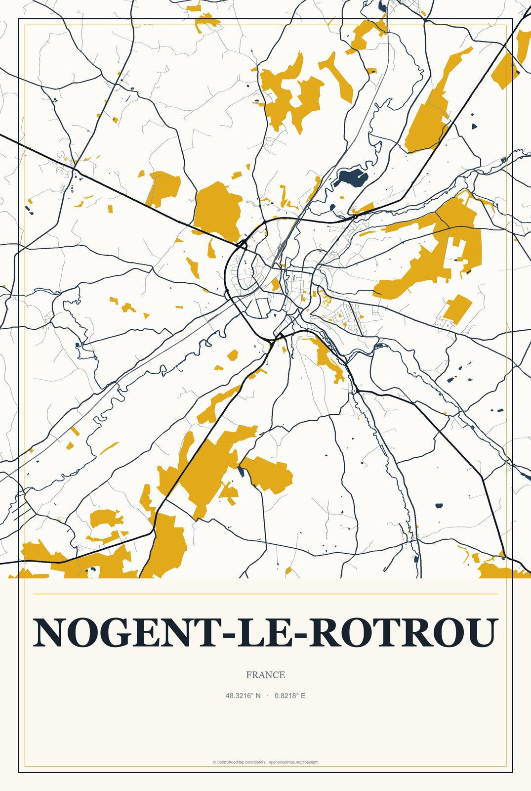 Nogent-le-Rotrou, France City Map Aluminum Sign in Citrine Modern style