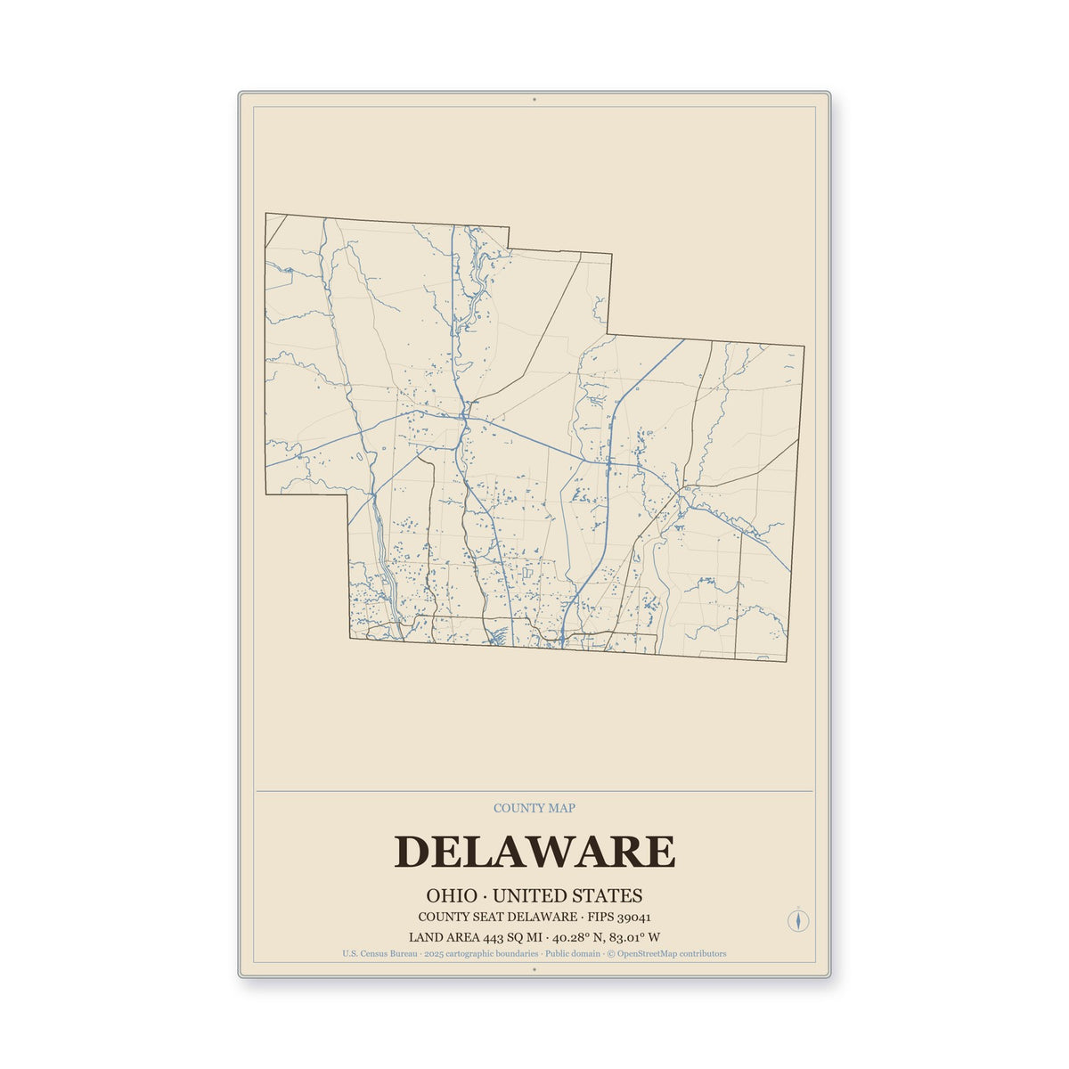 Delaware County, Ohio Map Aluminum Sign in Heritage Nautical style