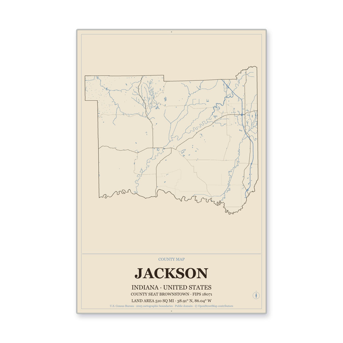 Jackson County, Indiana Map Aluminum Sign in Heritage Nautical style
