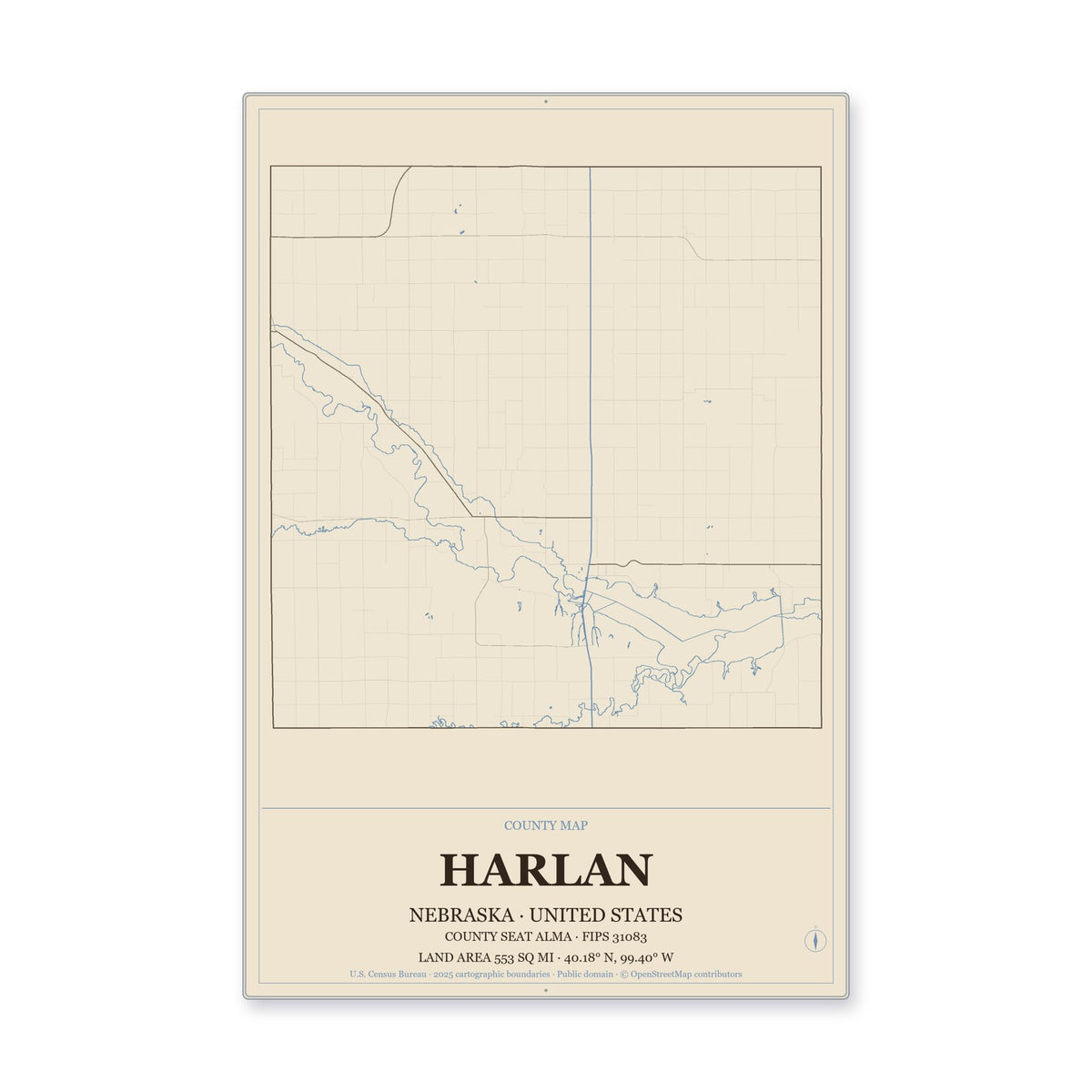 Harlan County, Nebraska Map Aluminum Sign in Heritage Nautical style