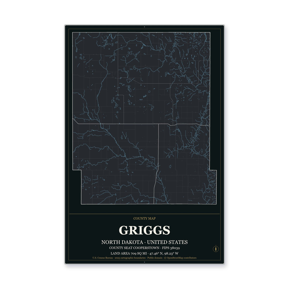 Griggs County, North Dakota Map Aluminum Sign in Metropolitan Noir style