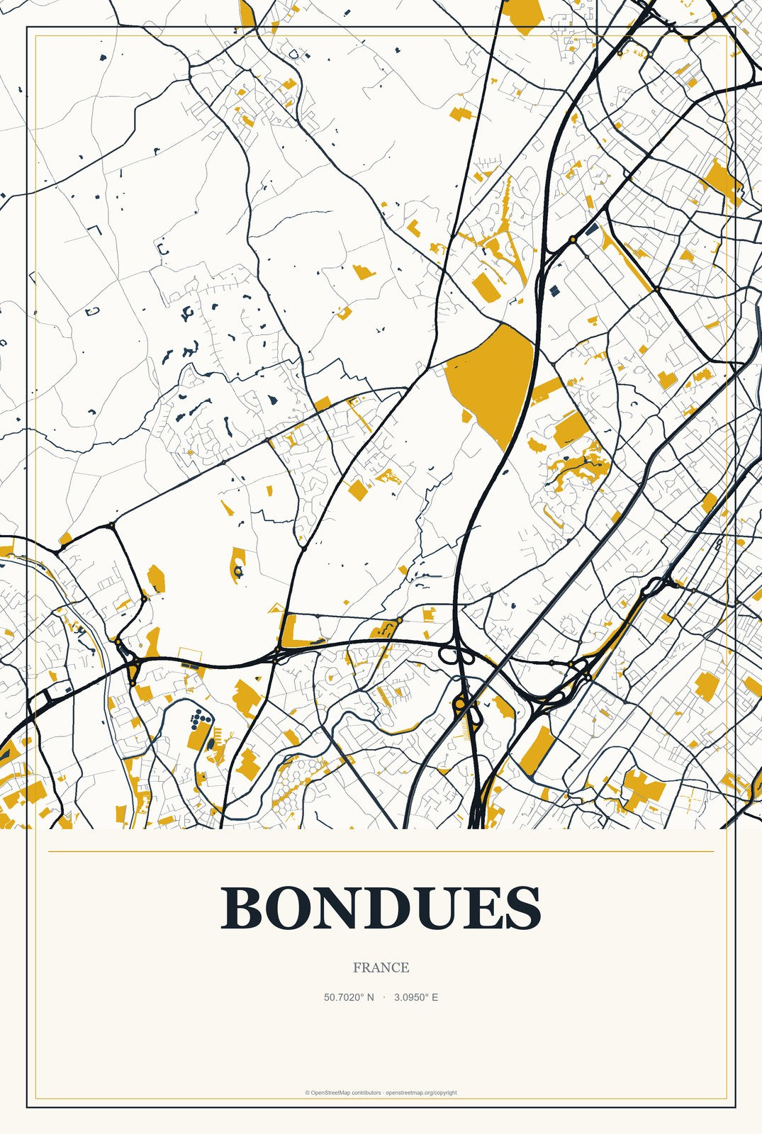 Bondues, France City Map Aluminum Sign in Citrine Modern style