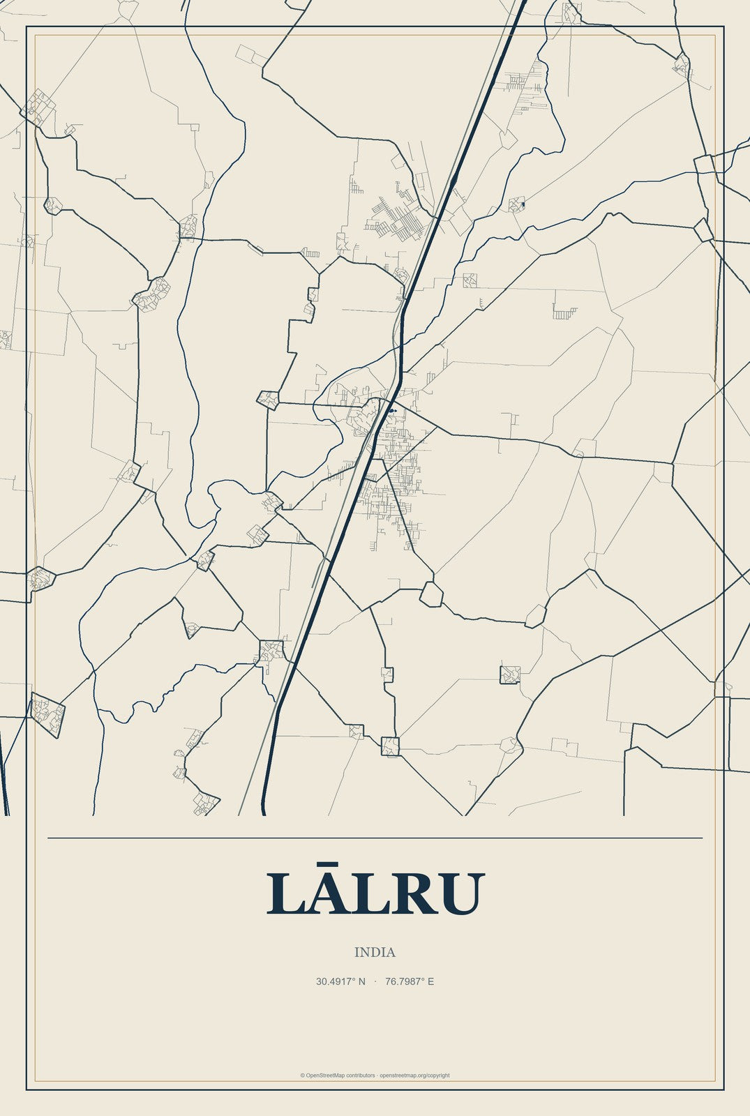 Lālru, India City Map Aluminum Sign in Coastal Cutout style