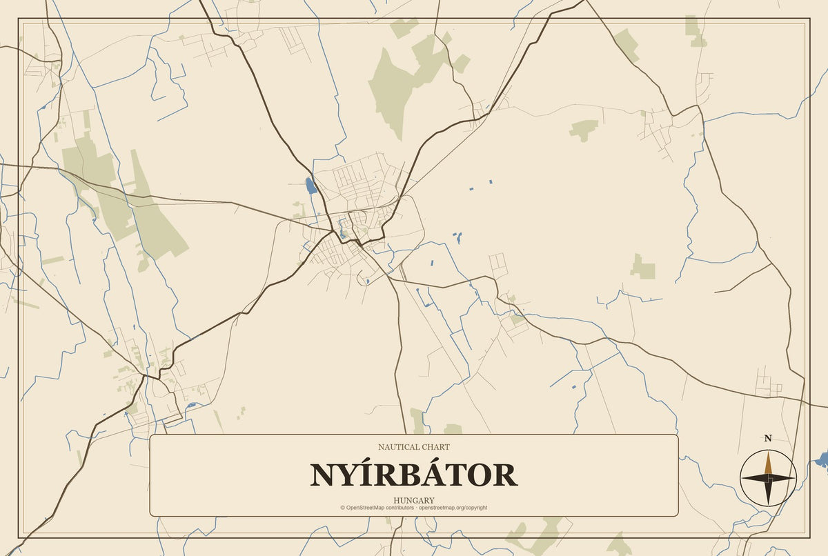 Nyírbátor, Hungary City Map Aluminum Sign in Heritage Nautical style
