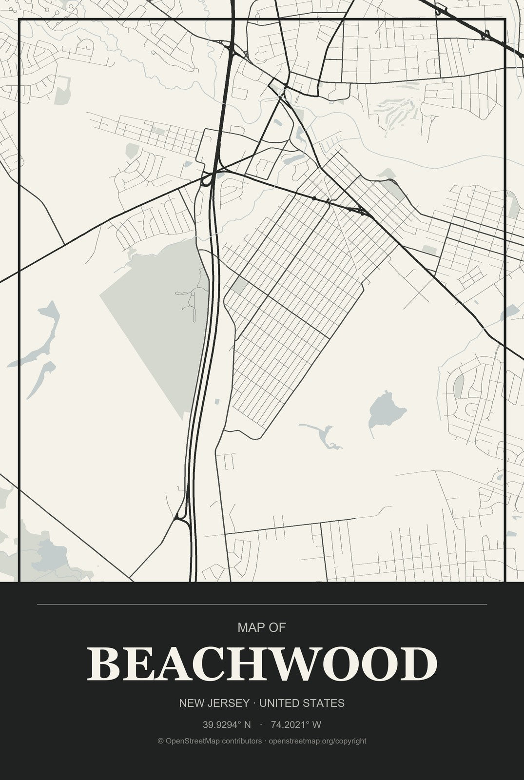 Beachwood, New Jersey City Map Aluminum Sign in Museum Plaque style
