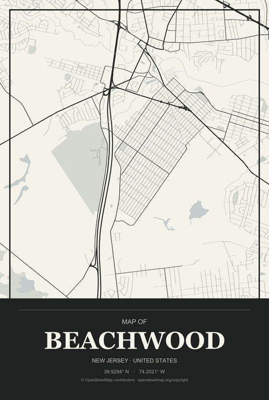 Beachwood, New Jersey City Map Aluminum Sign in Museum Plaque style