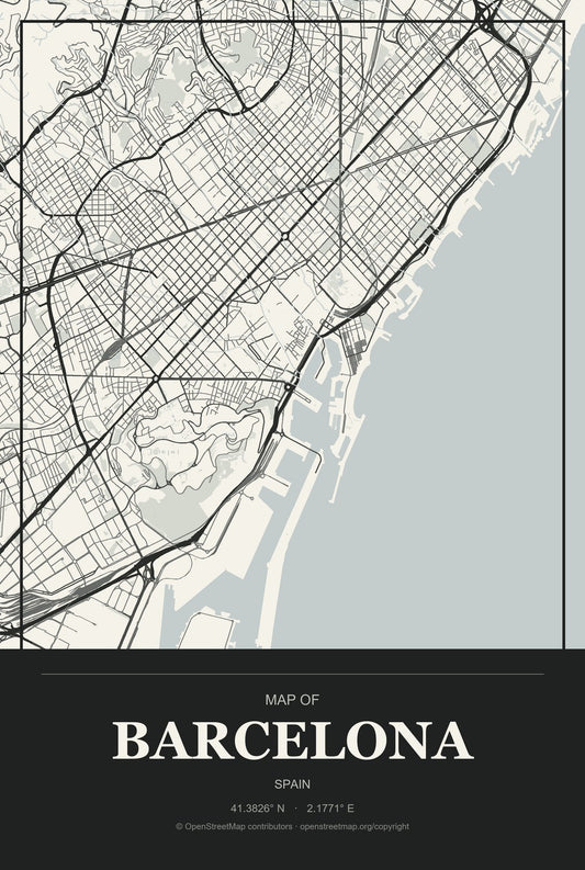 Barcelona, Spain City Map Aluminum Sign in Museum Plaque style