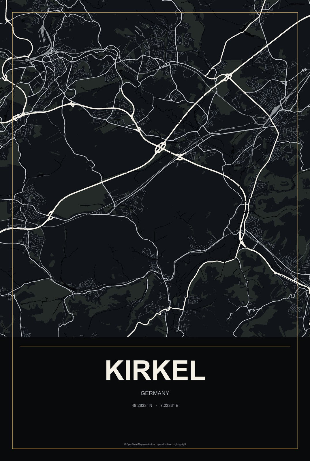 Kirkel, Germany City Map Aluminum Sign in Metropolitan Noir style