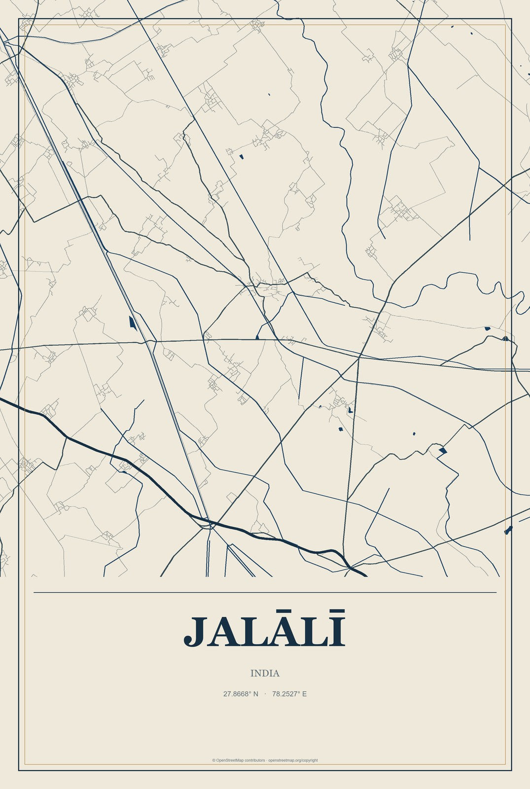 Jalālī, India City Map Aluminum Sign in Coastal Cutout style