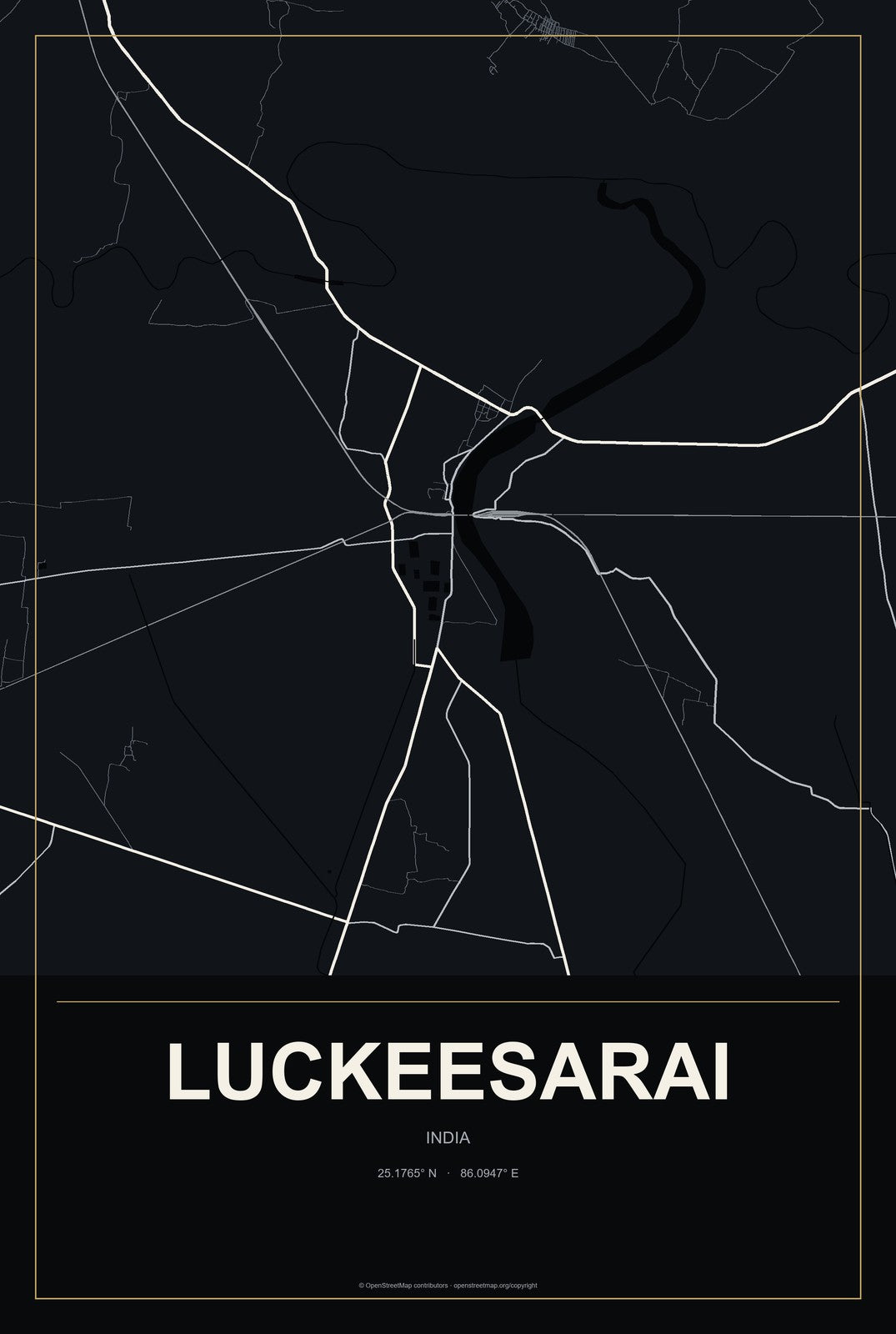Luckeesarai, India City Map Aluminum Sign in Metropolitan Noir style