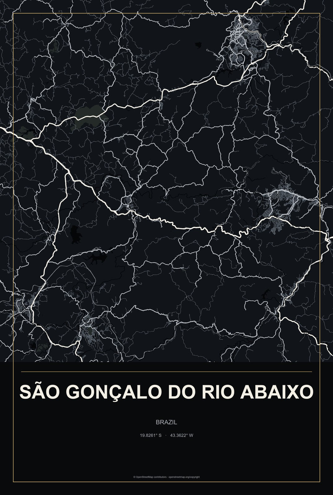 São Gonçalo do Rio Abaixo, Brazil City Map Aluminum Sign in Metropolitan Noir style
