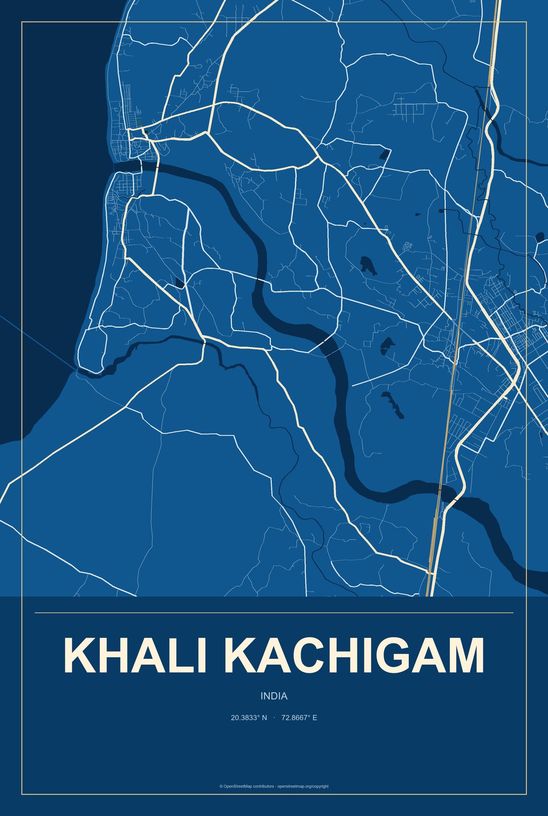 Khali Kachigam, India City Map Aluminum Sign in Harbor Cobalt style
