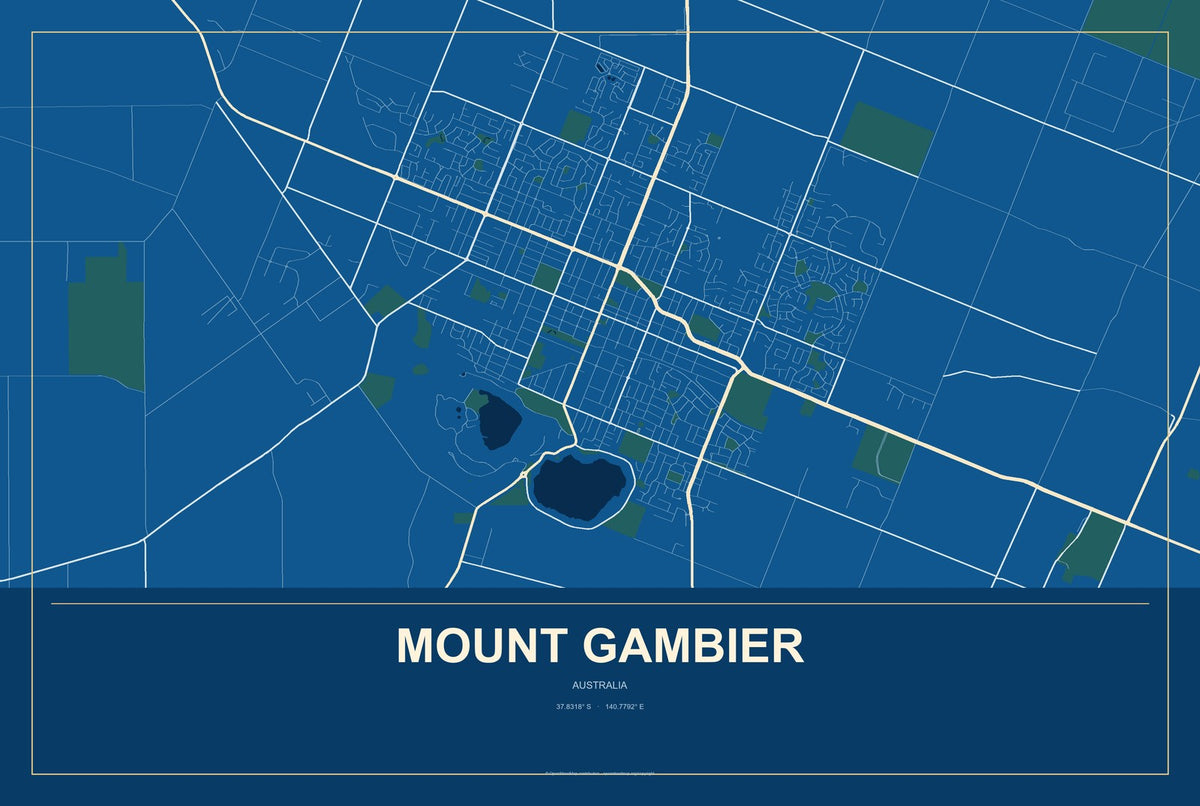 Mount Gambier, Australia City Map Aluminum Sign in Harbor Cobalt style