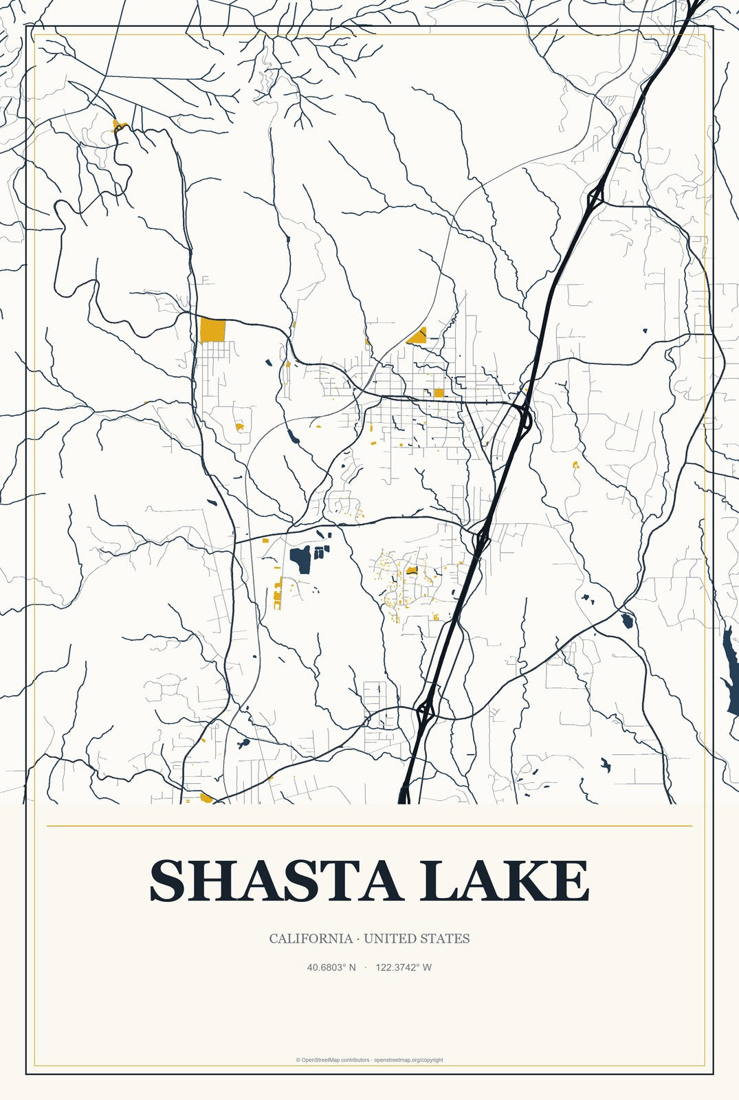 Shasta Lake, California City Map Aluminum Sign in Citrine Modern style