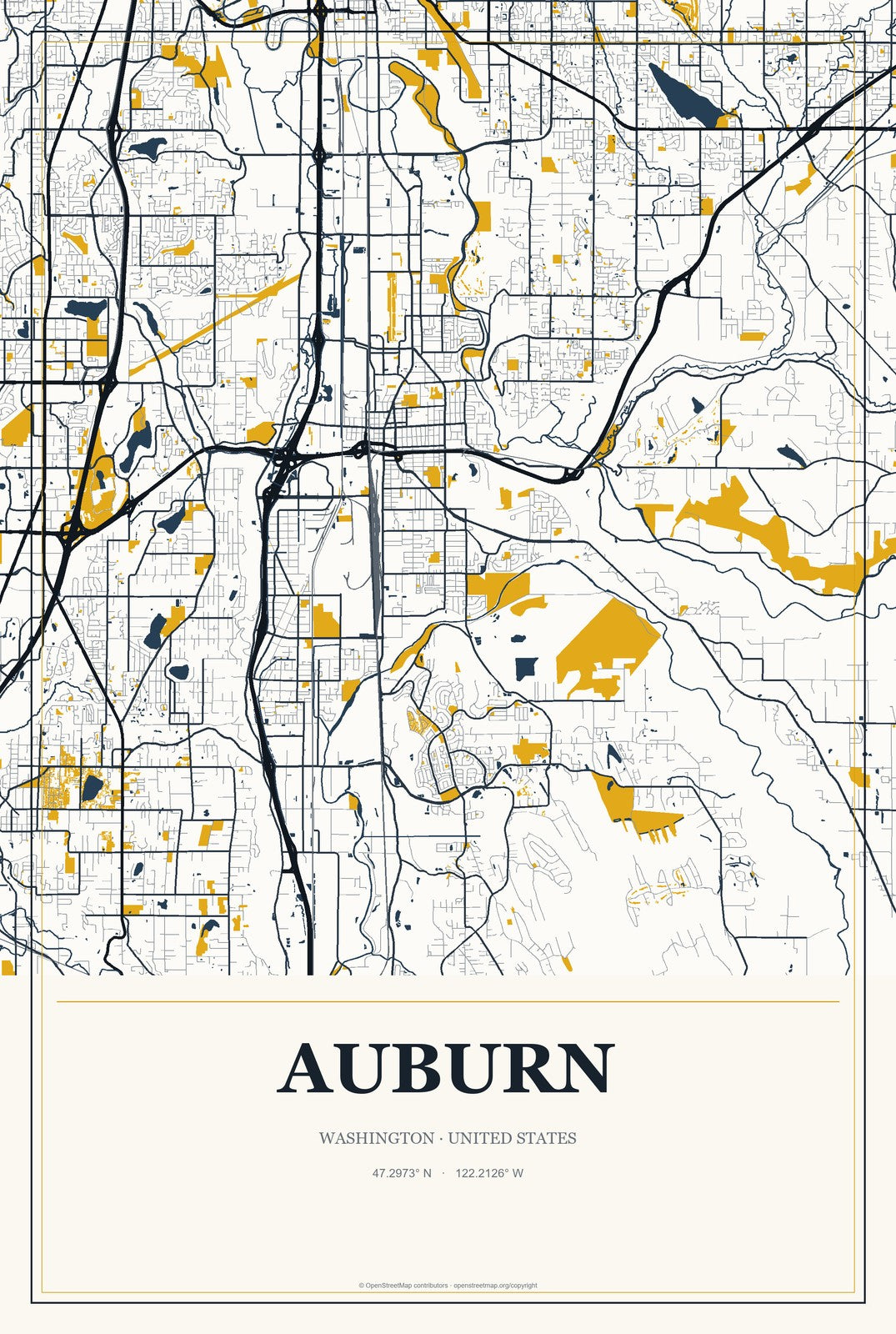 Auburn, Washington City Map Aluminum Sign in Citrine Modern style
