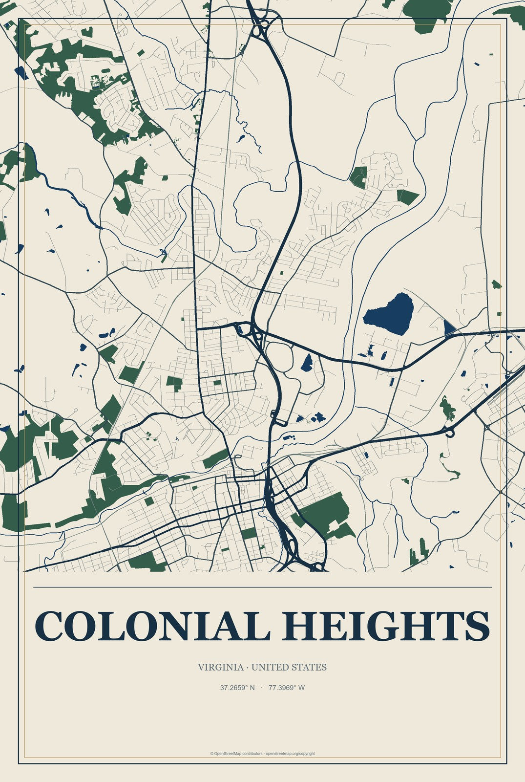 Colonial Heights, Virginia City Map Aluminum Sign in Coastal Cutout style