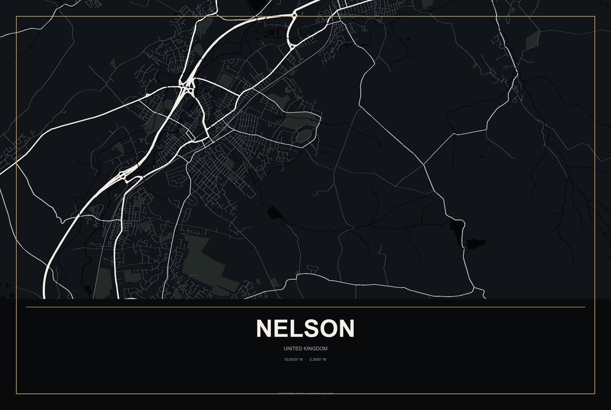 Nelson, England, United Kingdom City Map Aluminum Sign in Metropolitan Noir style